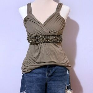 Studio Y Brown Ruched Embellished Tank Top